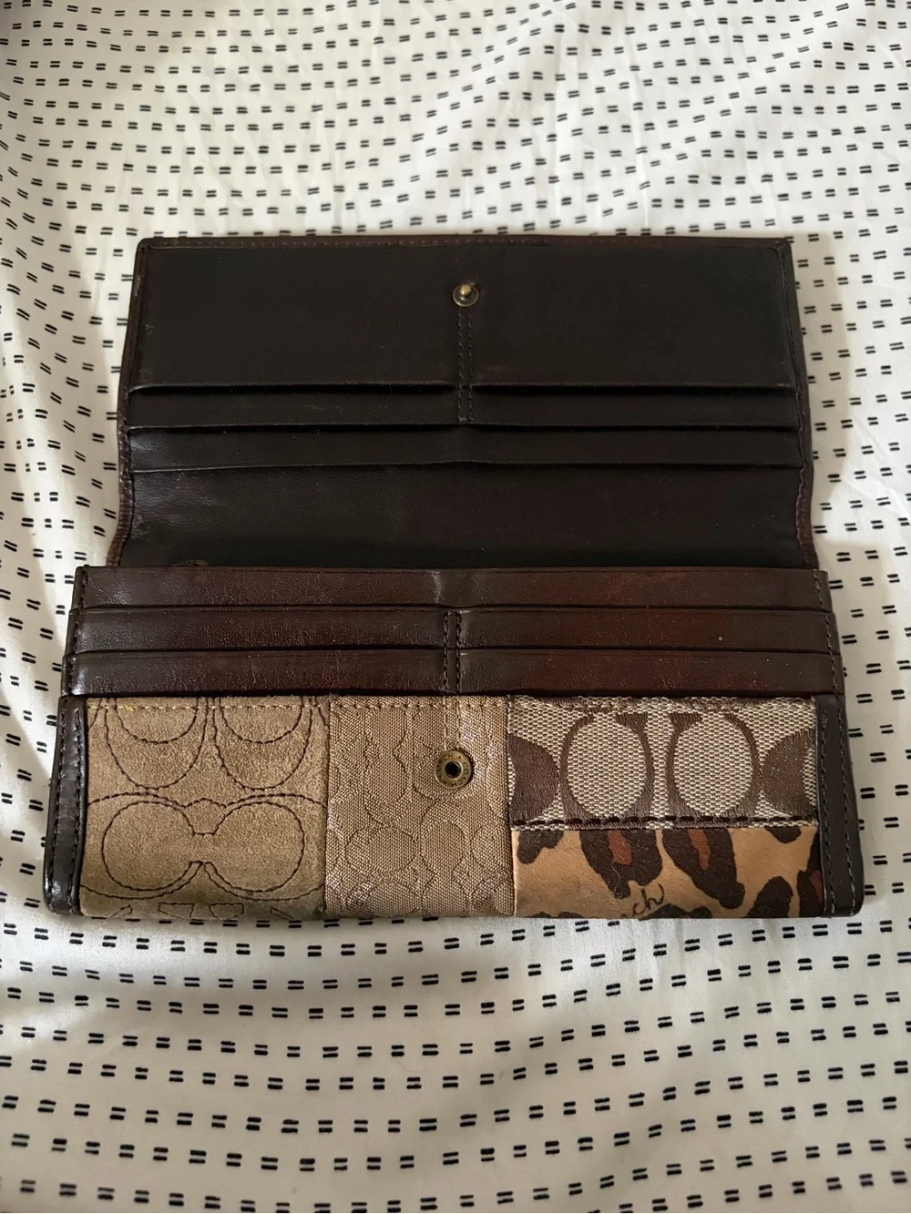 Coach Patchwork Leather & Fabric Trifold Wallet in Brown Tones
